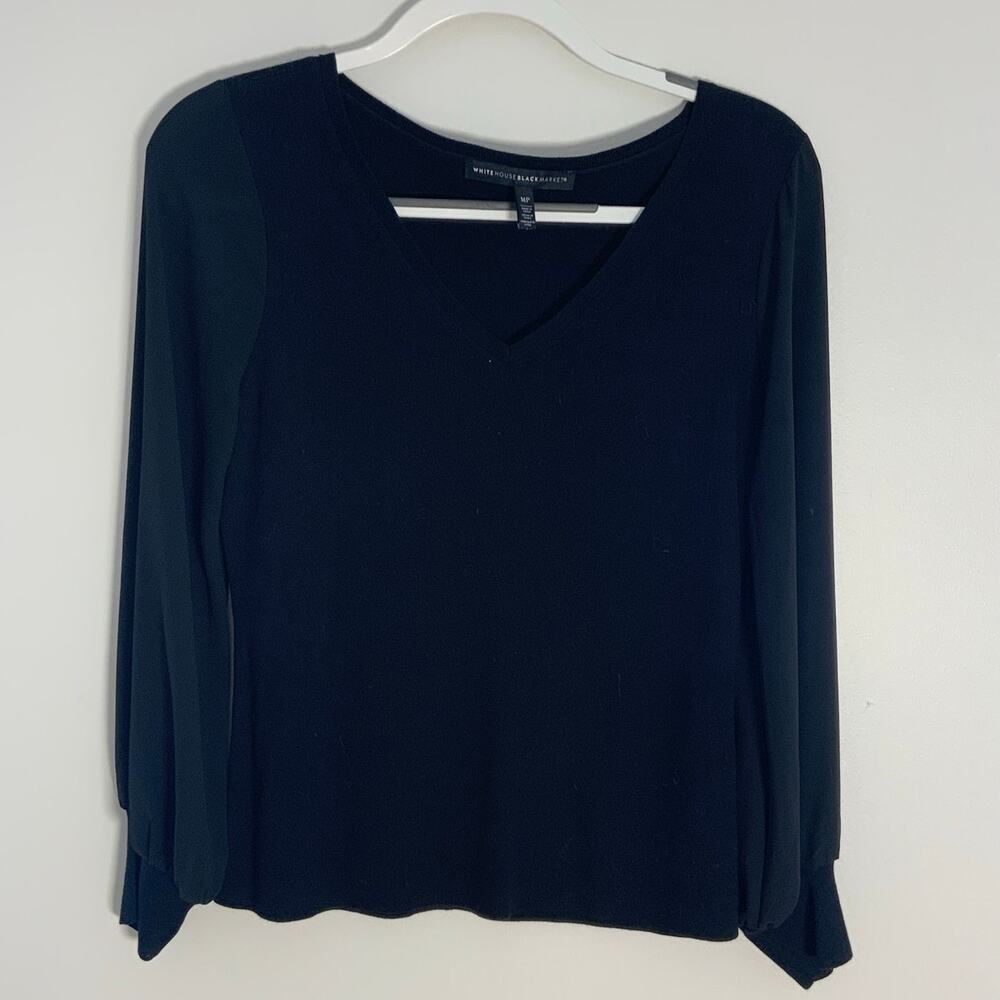 White House Black‎ Market V neck Sheer Sleeve top size MP